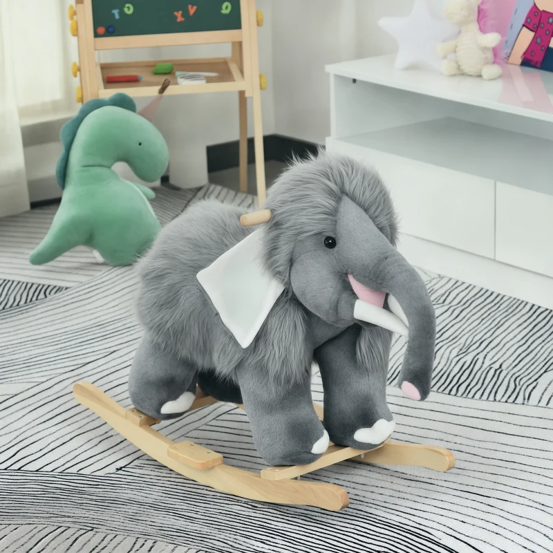 Qaba Kids Ride-On Rocking Horse Toy Mammoth Style Rocker with Fun Music & Soft Plush Fabric for Children 3+ Years