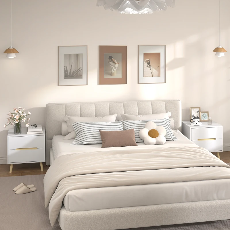 HOMCOM Nightstands Set of 2, Bedside Table with 2 Drawers, Modern Side End Table with Solid  Wood Legs for Bedroom, White