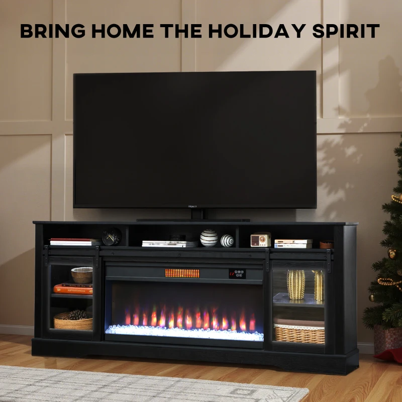 HOMCOM Fireplace TV Stand for TVs Up to 80 Inch, TV Console with Electric Fireplace, Open Storage and Side Cabinets, Black