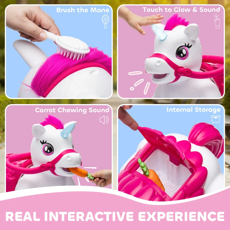 Qaba 12V Unicorn Ride on Horse with Carrot Toy, Comb, Animal Sounds, for Girls Boys Aged 1.5-3 Years Old