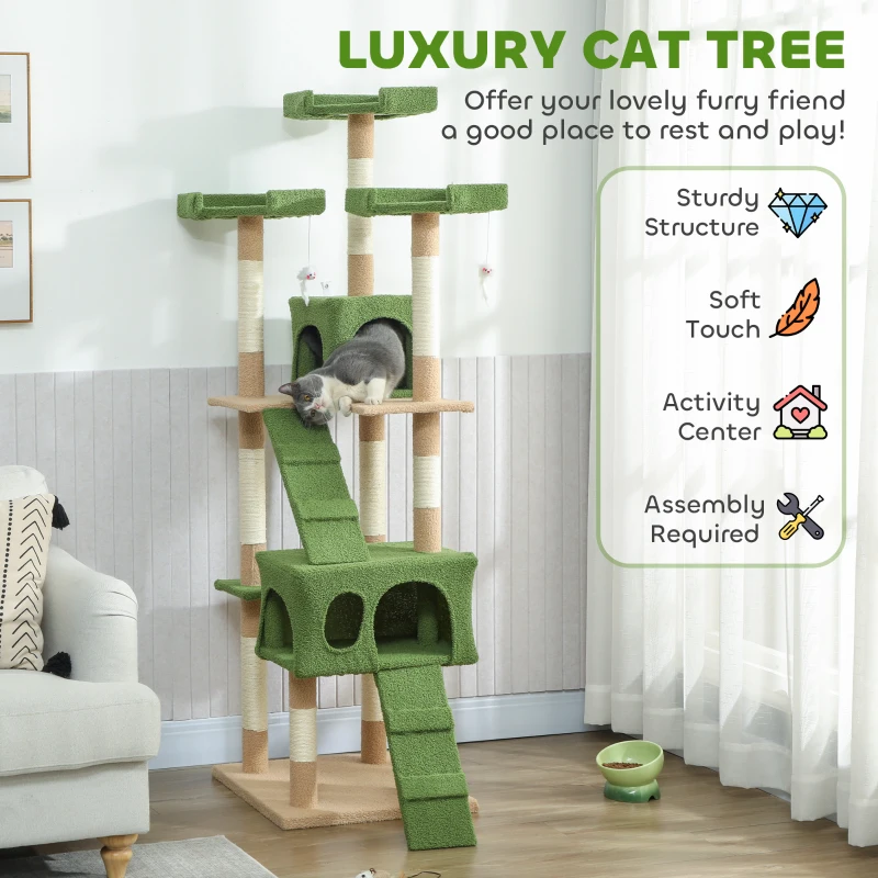 PawHut 68-inch Multi-Level Cat Scratching Tree Kitty Activity Center Post Tower Condo Pet Furniture w/ Toy Green