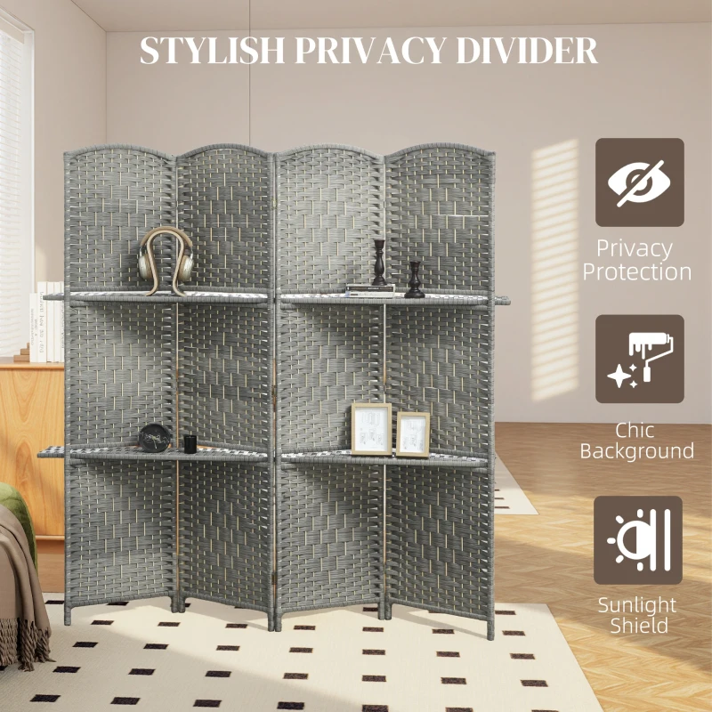 HOMCOM 6 FT Privacy Screen, 4 Panel Room Divider with Shelves for Living Room Bedroom Home Office, Grey