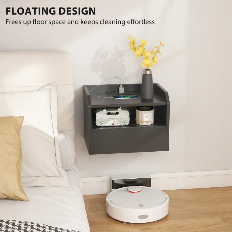 HOMCOM Wall Mounted Bedside Table, Set of 2 Floating Nightstand with Charging Station, Drawer and Open Shelf for Bedroom, Black
