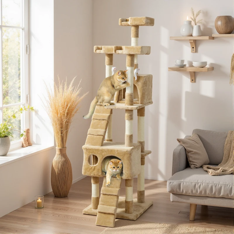 PawHut 68-inch Multi-Level Cat Scratching Tree Kitty Activity Center Post Tower Condo Pet Furniture w/ Toy Light Brown