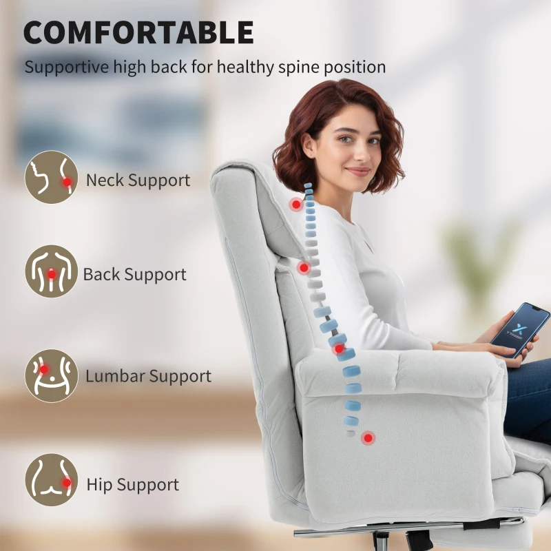 HOMCOM High Back Office Chair, Reclining Desk Chair with Footrest, High Resilience Foam, Rolling Wheels, Cream White