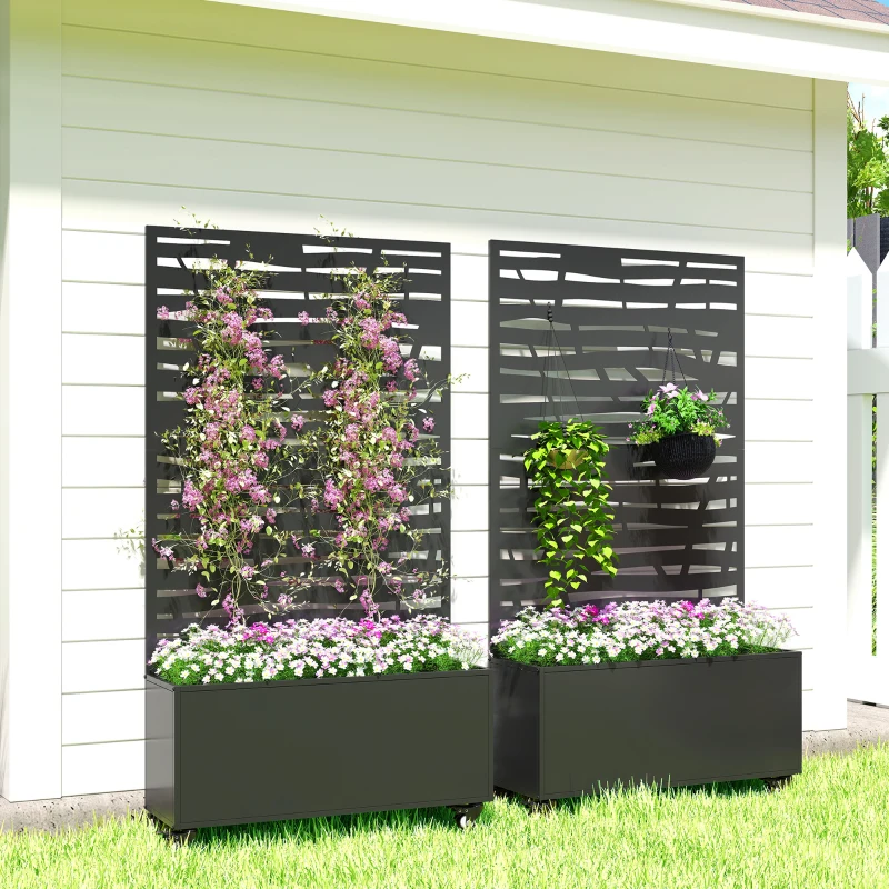 Outsunny Metal Planter Box with Trellis, Raised Garden Bed with Twigs Slatted Cut-Out Privacy Screen and Wheels