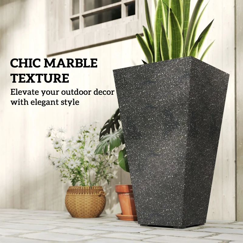 Outsunny 28" Tall Planters, Set of 3 Plastic Flower Pots with Marble Finish and Drainage Holes, Stackable Taper Planters, Black