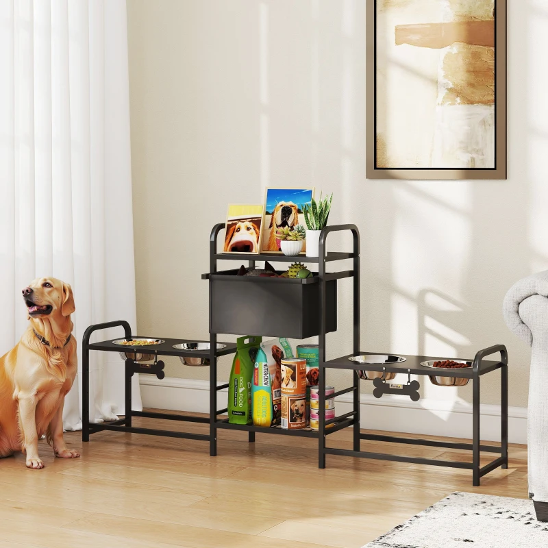 PawHut 3 Height Adjustable Dog Bowl Stand with 2 Feeding Stations, Toy Bin Basket, Black