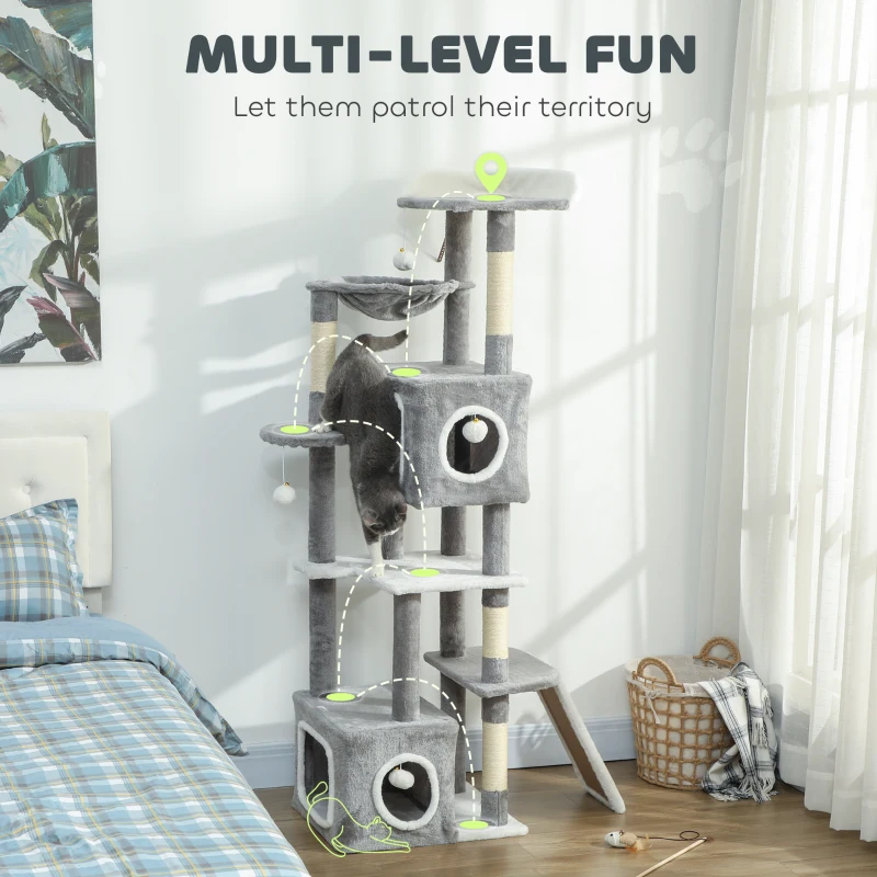 PawHut 65 Inch Cat Tree with 2 Doors Condos, Plush Top Perch, Hammock, Sisal Scratching Posts, 4 Pompoms, Ramp, Grey