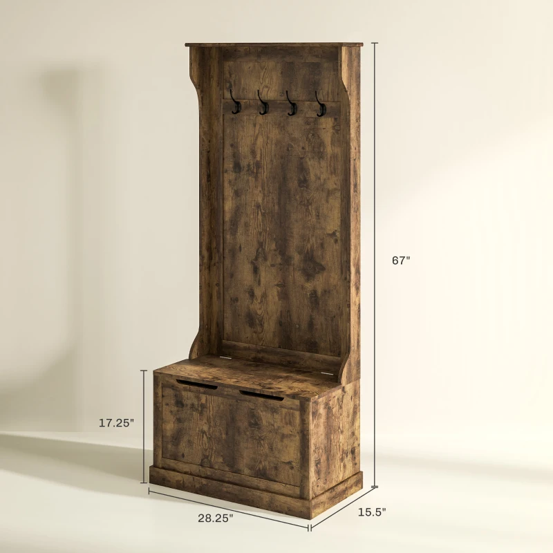 HOMCOM Hall Tree with Coat Rack, Storage, and Sitting Bench, Rustic Brown