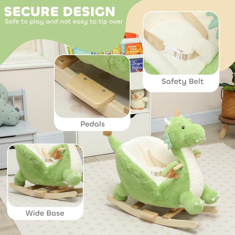 Qaba Baby Rocking Horse, Kids Ride On Dragon Toy with Realistic Dragon Roar and Safety Belt for Kids 18–36 Months, Green
