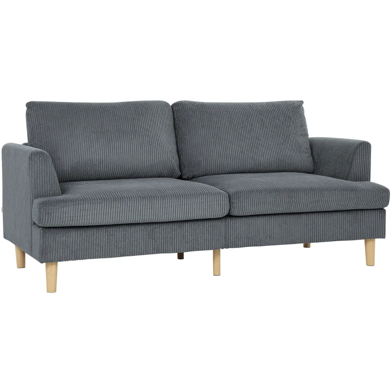 HOMCOM 3 Seater Sofa, 74" Modern Corduroy Upholstered Couch with Thick Spring Cushions, Solid Wood Legs, Armrests, Dark Grey