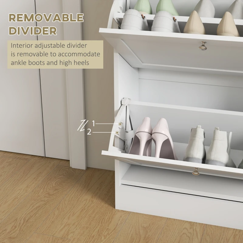 HOMCOM Slim Shoe Storage Cabinet, Modern Shoe Cabinet with 2 Flip Drawers and Adjustable Shelves for 8-12 Pairs, White