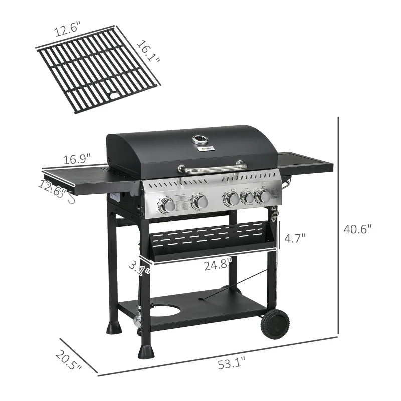 Outsunny 4 Burner Propane Gas Grill with Side Burner, 40,000 BTU Outdoor Barbeque with Shelves, Thermometer, Bottle Opener, Black