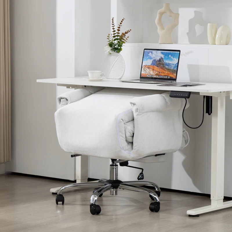 HOMCOM High Back Office Chair, Reclining Desk Chair with Footrest, High Resilience Foam, Rolling Wheels, Cream White