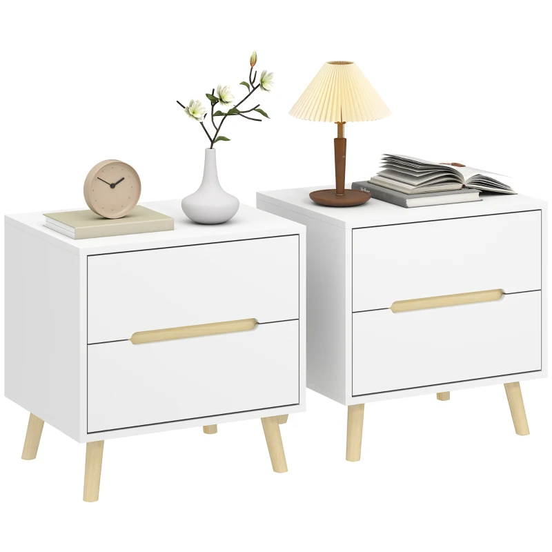 HOMCOM Nightstands Set of 2, Bedside Table with 2 Drawers, Modern Side End Table with Solid  Wood Legs for Bedroom, White