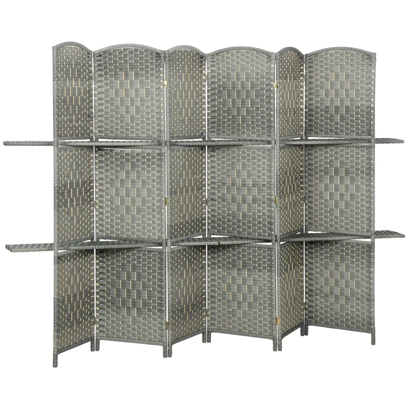 HOMCOM 6 FT Privacy Screen, 6 Panel Room Divider with Shelves for Living Room Bedroom Home Office, Grey