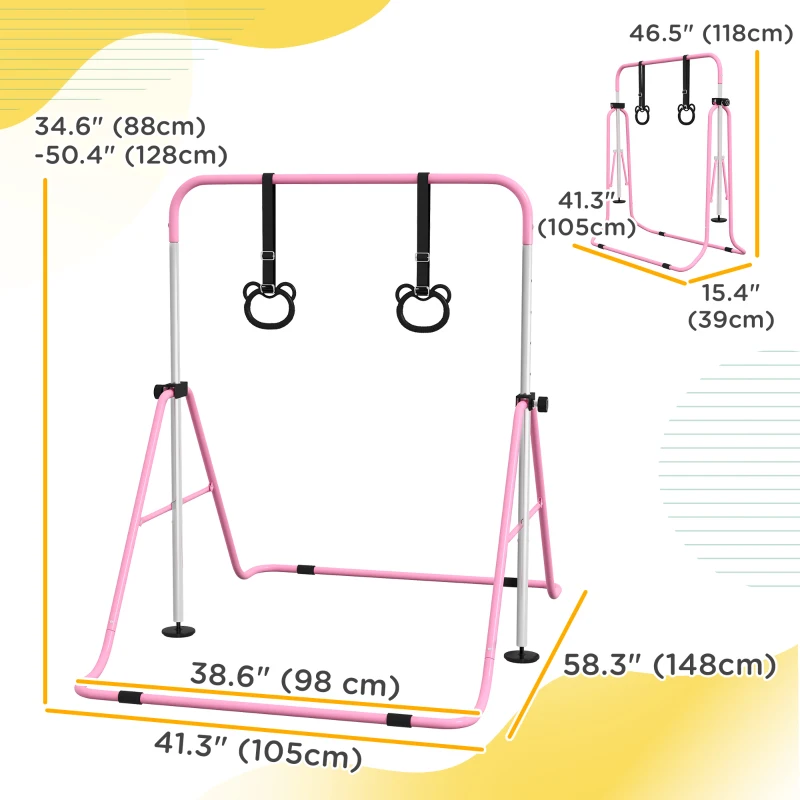 Qaba Kids Gymnastics Bar, Adjustable Height Folding Horizontal Bar with Gymnastics Rings, Non-slip Rubber Floor Rings, Pink