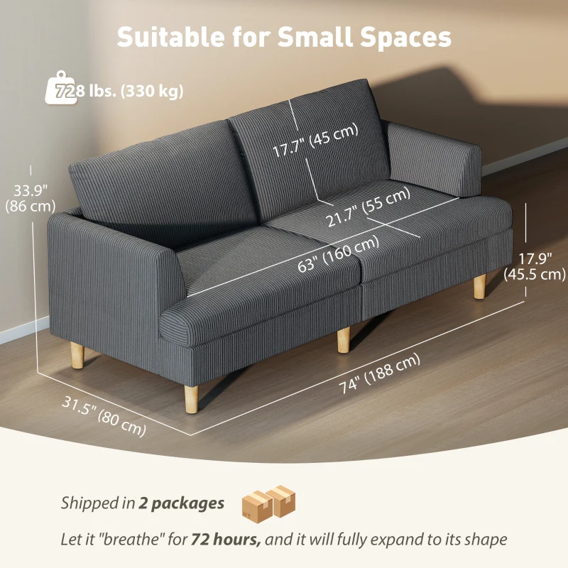 HOMCOM 3 Seater Sofa, 74" Modern Corduroy Upholstered Couch with Thick Spring Cushions, Solid Wood Legs, Armrests, Dark Grey