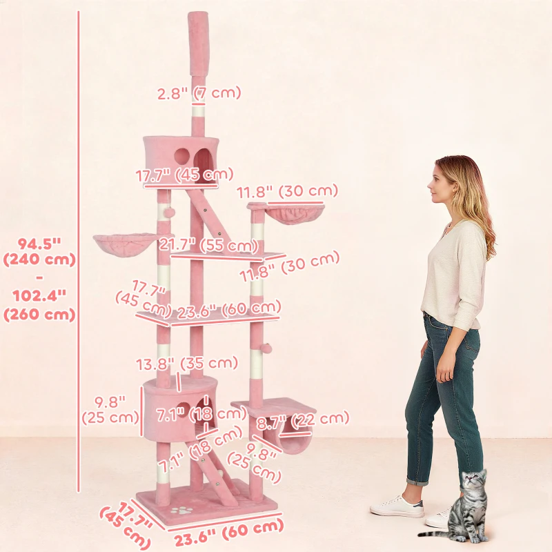 PawHut 94"-102" Floor to Ceiling Cat Tree High Cat Condo Scratching Post Activity Center Multi-Level Play House Pink