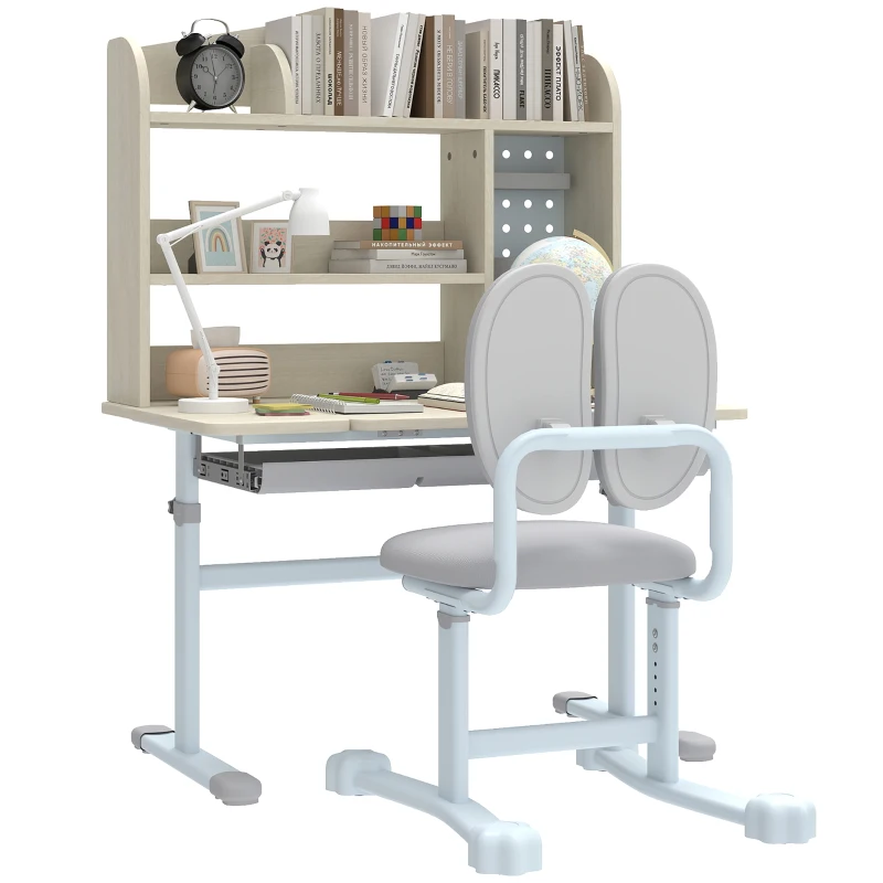 Qaba Kids Study Desk and Chair Set with Adjustable Height, Tiltable Desktop, Hutch and Drawer for Ages 3-12, Gray