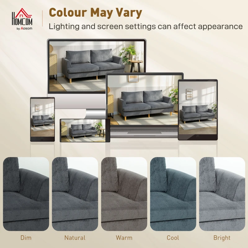 HOMCOM 3 Seater Sofa, 74" Modern Corduroy Upholstered Couch with Thick Spring Cushions, Solid Wood Legs, Armrests, Dark Grey