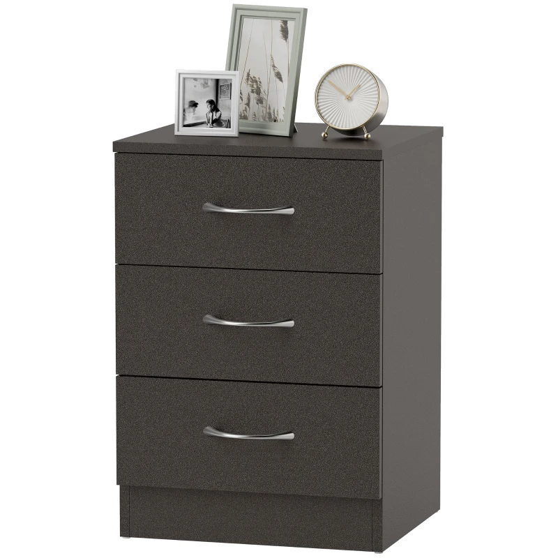 HOMCOM Bedside Table, Modern Night Stand with 3 Drawers and Metal Rail for Bedroom, Dark Brown