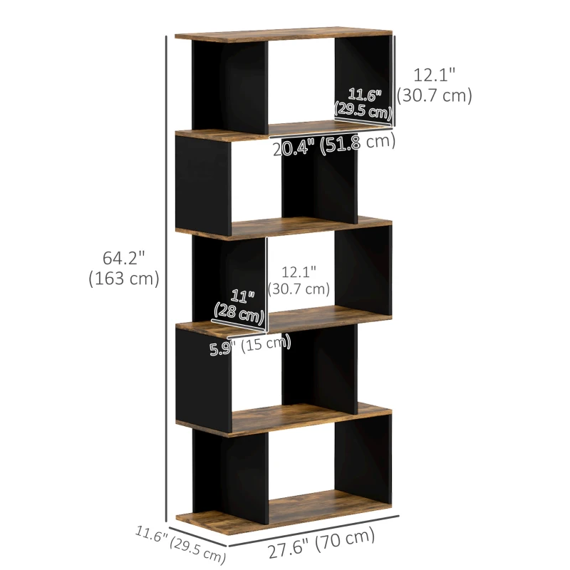 HOMCOM 5-Tier Bookshelf, Geometric S Shaped Bookcase, Tall Narrow Display Shelf for for Living Room, Study Room, Rustic Brown