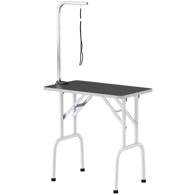 PawHut Foldable Pet Grooming Table for Dogs Cats with Adjustable Arm, Non-slip Surface, Black