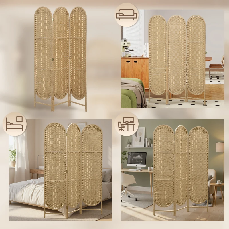 HOMCOM Bohemian Privacy Screen, Folding Room Divider with 3 Panels and Arched Top for Bedroom Living Room Office, Natural Wood