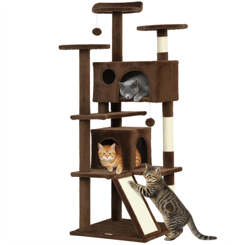 PawHut 54" Cat Tree, Multi-Level Cat Tower with Scratching Posts, Cat Condos, Bed, Platforms, Ramp, Toy Ball, Light Brown