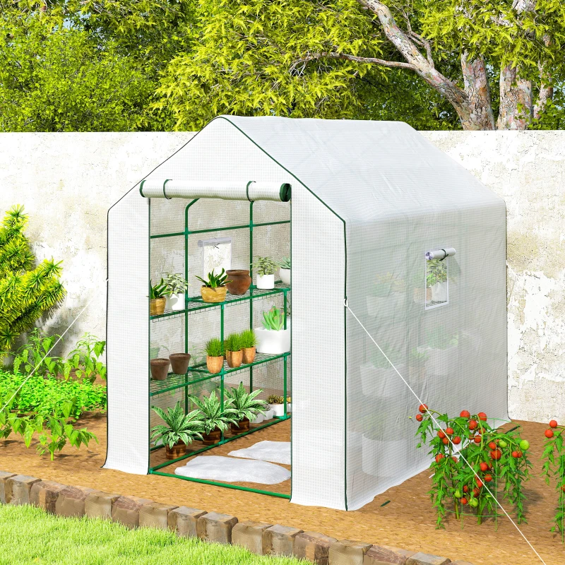 Outsunny Walk-in Greenhouse with 3 Tier, Garden Plant Growhouse with Roll-up Door and Mesh Windows, 140 x 213 x 190 cm, White