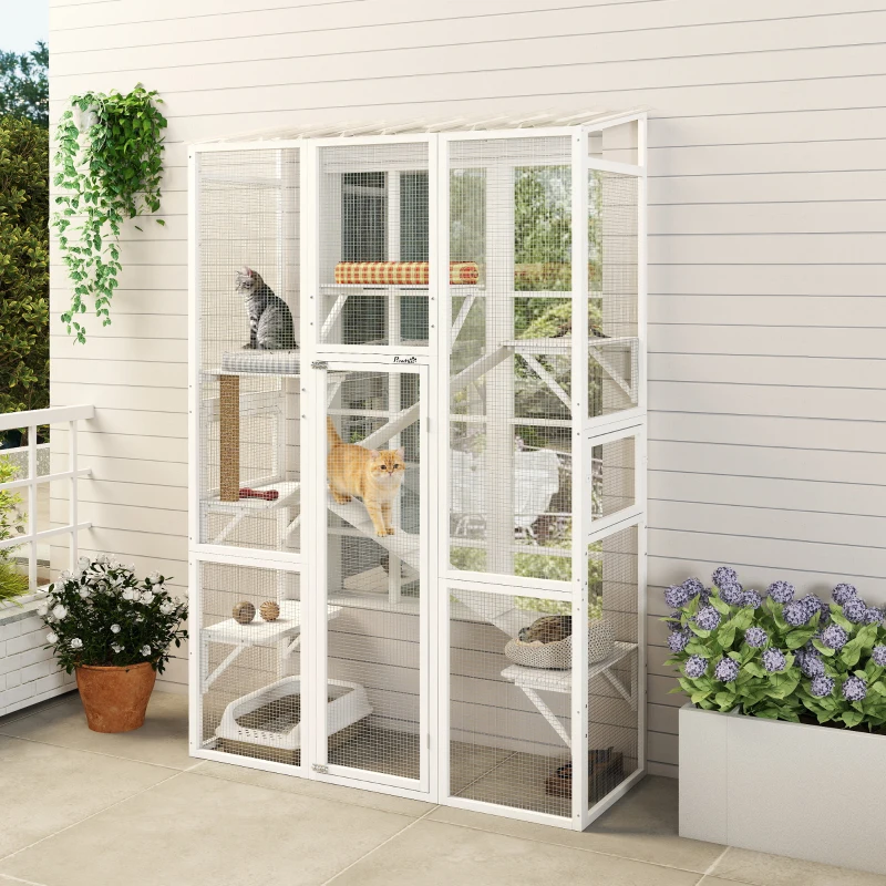 PawHut Outdoor Catio Cat Enclosure, Large Wooden Cat House with 6 Jumping Platforms, Scratching Post, 2 Ramps, for 2-3 Kittens