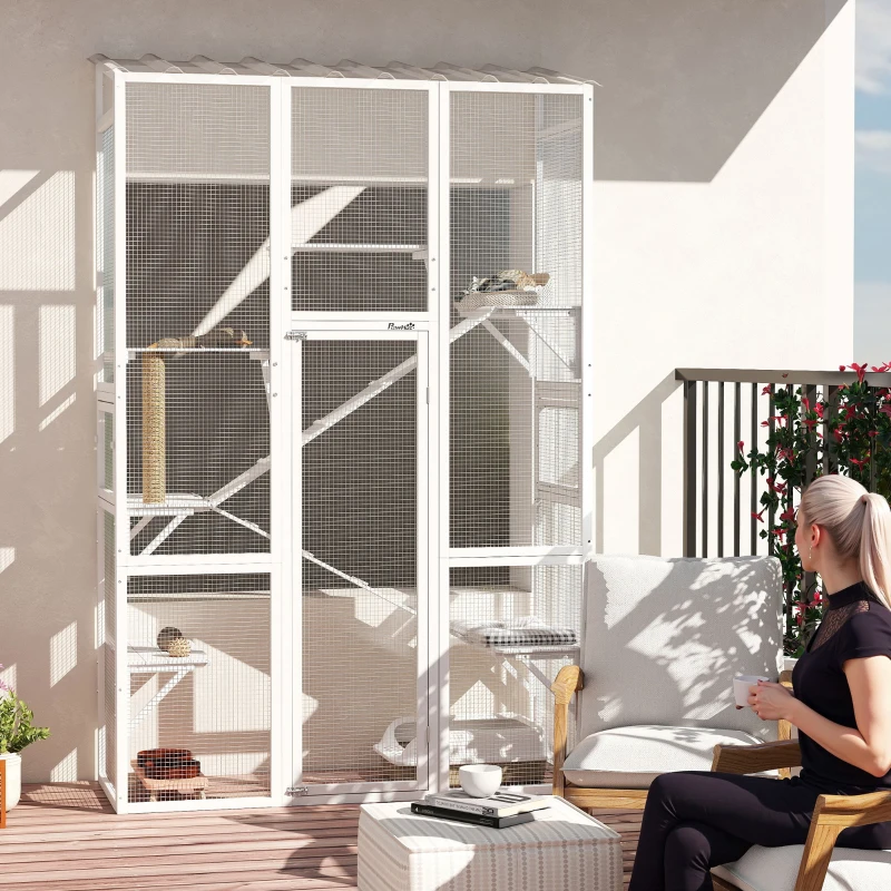 PawHut Outdoor Catio Cat Enclosure, Large Wooden Cat House with 6 Jumping Platforms, Scratching Post, 2 Ramps, for 2-3 Kittens