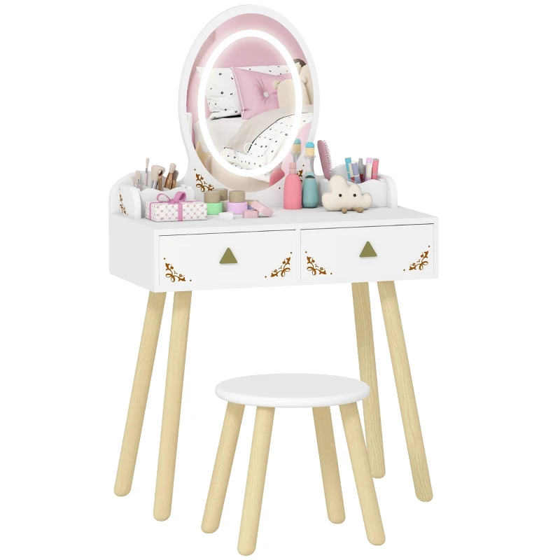 Qaba Kids Vanity Set with Mirror, Stool, 3-Colour LED Lights, Girls Dressing Table Pretend Play for Kids Room, Pink