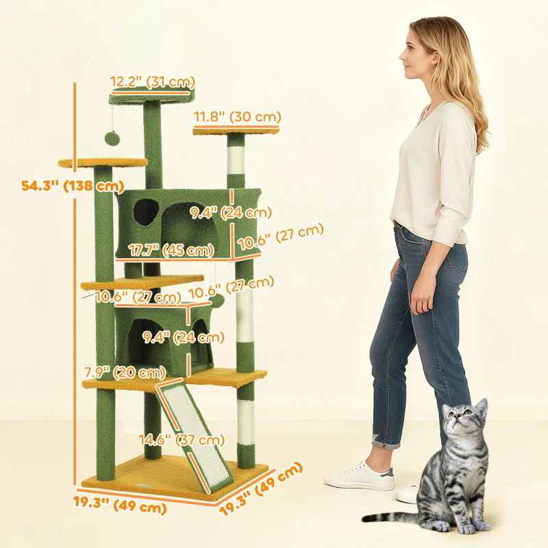 PawHut 54" Cat Tree, Multi-Level Cat Tower with Scratching Posts, Cat Condos, Bed, Platforms, Ramp, Toy Ball, Green