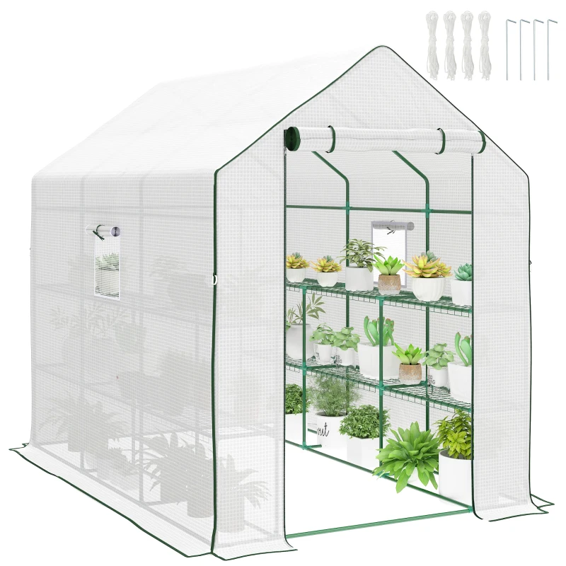 Outsunny Walk-in Greenhouse with 3 Tier, Garden Plant Growhouse with Roll-up Door and Mesh Windows, 140 x 213 x 190 cm, White