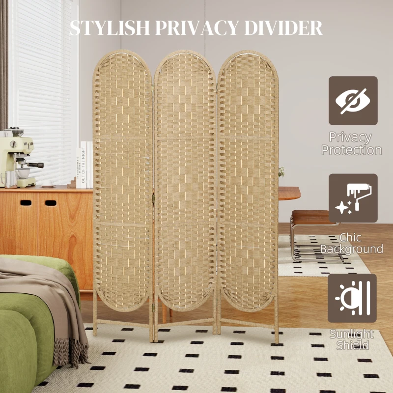 HOMCOM Bohemian Privacy Screen, Folding Room Divider with 3 Panels and Arched Top for Bedroom Living Room Office, Natural Wood