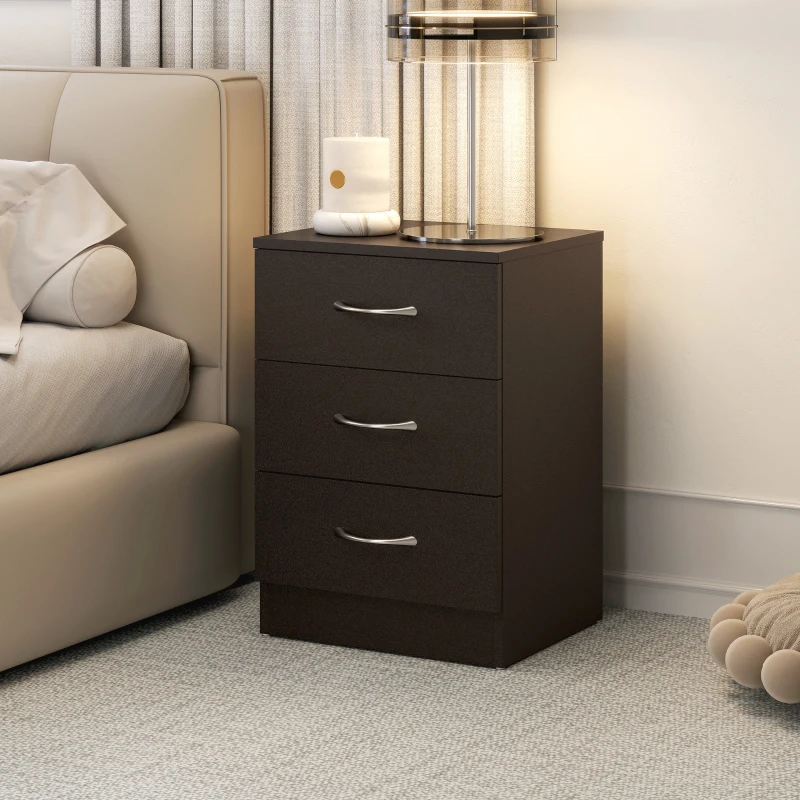 HOMCOM Bedside Table, Modern Night Stand with 3 Drawers and Metal Rail for Bedroom, Dark Brown