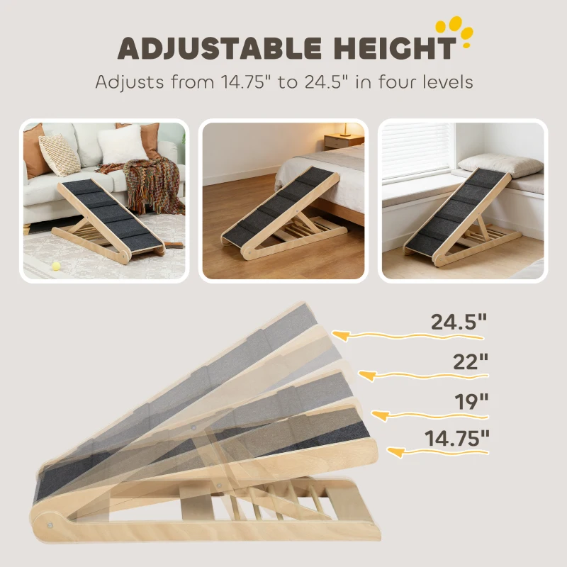 PawHut Height Adjustable Pet Ramp with Non-Slip Carpet Surfaces, 4 Levels Folding Dog Cat Ramp for Bed, Sofa & Car