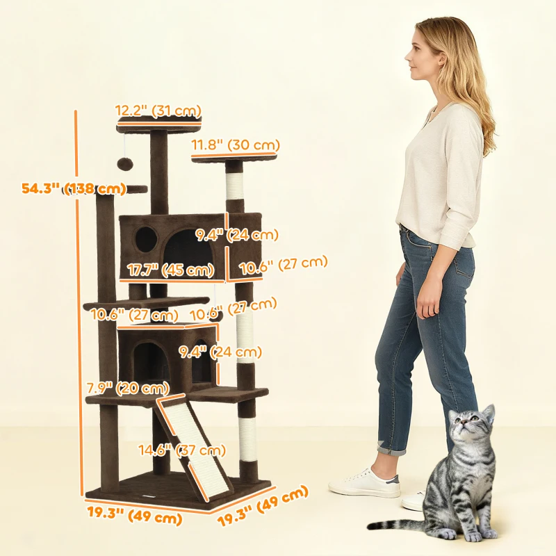 PawHut 54" Cat Tree, Multi-Level Cat Tower with Scratching Posts, Cat Condos, Bed, Platforms, Ramp, Toy Ball, Light Brown