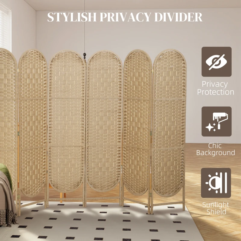 HOMCOM Bohemian Privacy Screen, Folding Room Divider with 6 Panels and Arched Top for Bedroom Living Room Office, Natural Wood