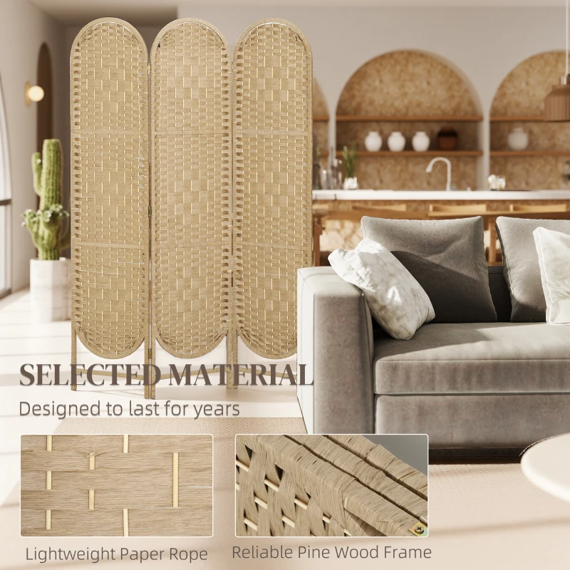 HOMCOM Bohemian Privacy Screen, Folding Room Divider with 3 Panels and Arched Top for Bedroom Living Room Office, Natural Wood