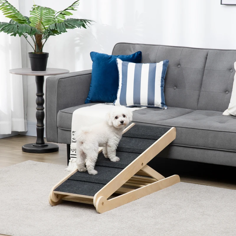 PawHut Dog Ramp for Bed Couch, Foldable Pet Ramp Height Adjustable 4 Levels from 14.75" to 24.5" for Cats and Small Dogs with Non-Slip Carpeted Surface, Natural