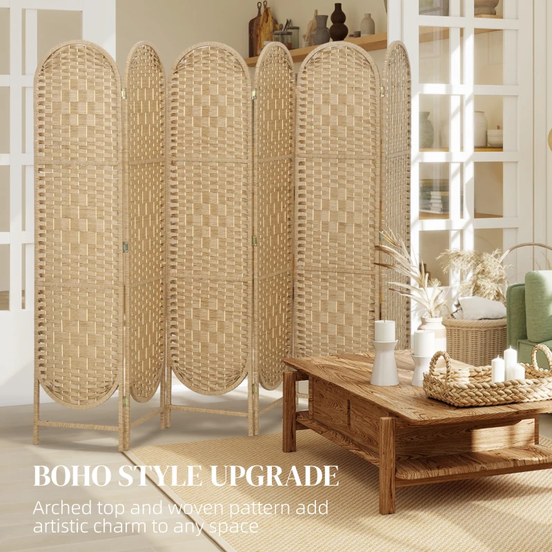 HOMCOM Bohemian Privacy Screen, Folding Room Divider with 6 Panels and Arched Top for Bedroom Living Room Office, Natural Wood