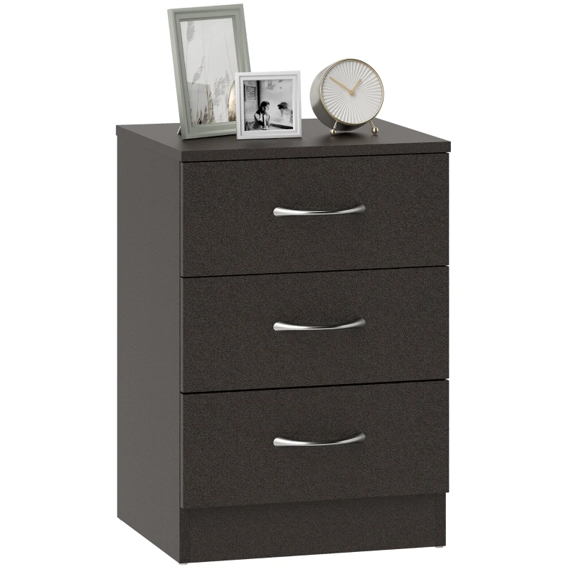 HOMCOM Bedside Table, Modern Night Stand with 3 Drawers and Metal Rail for Bedroom, Dark Brown