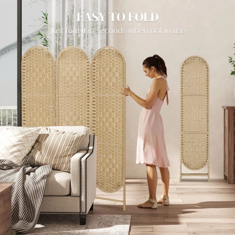 HOMCOM Bohemian Privacy Screen, Folding Room Divider with 3 Panels and Arched Top for Bedroom Living Room Office, Natural Wood