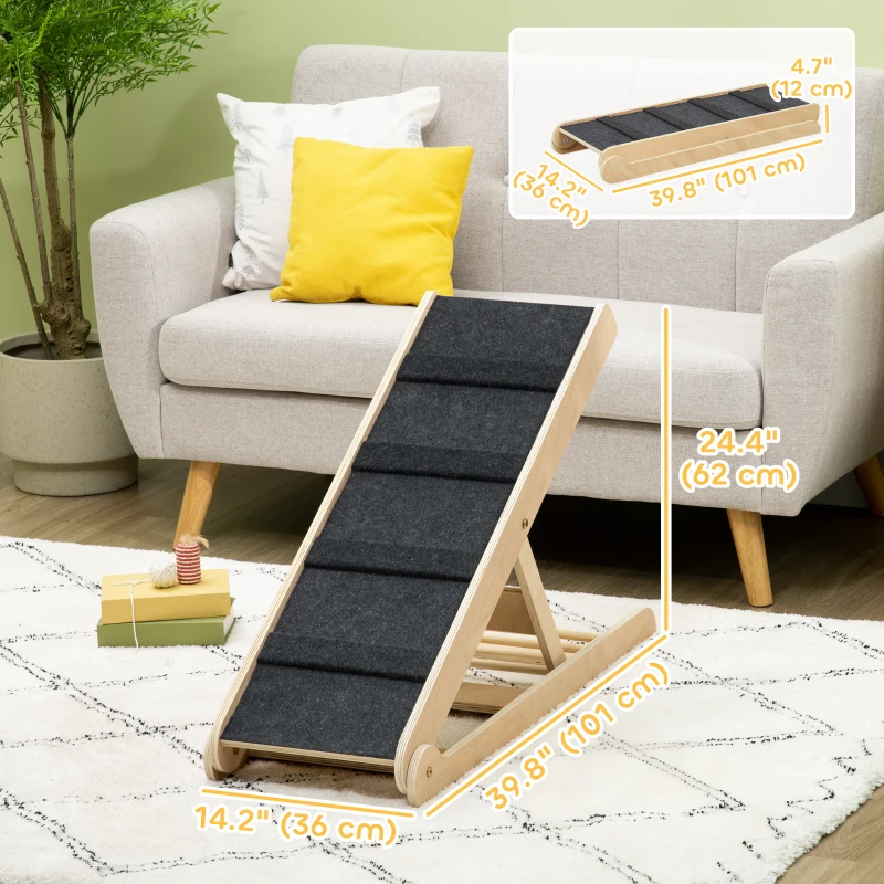 PawHut Dog Ramp for Bed Couch, Foldable Pet Ramp Height Adjustable 4 Levels from 14.75" to 24.5" for Cats and Small Dogs with Non-Slip Carpeted Surface, Natural