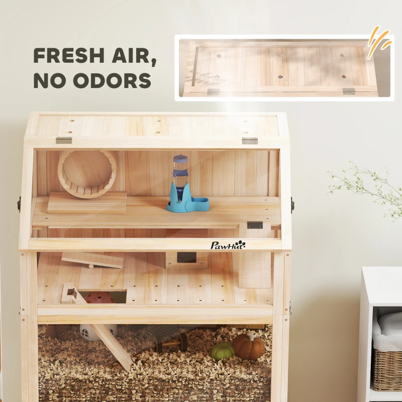 PawHut Wooden Hamster Cage with Detachable Lower Floor, Storage Shelf, Hut, Seesaw, Exercise Wheel, Ramps for Dwarf