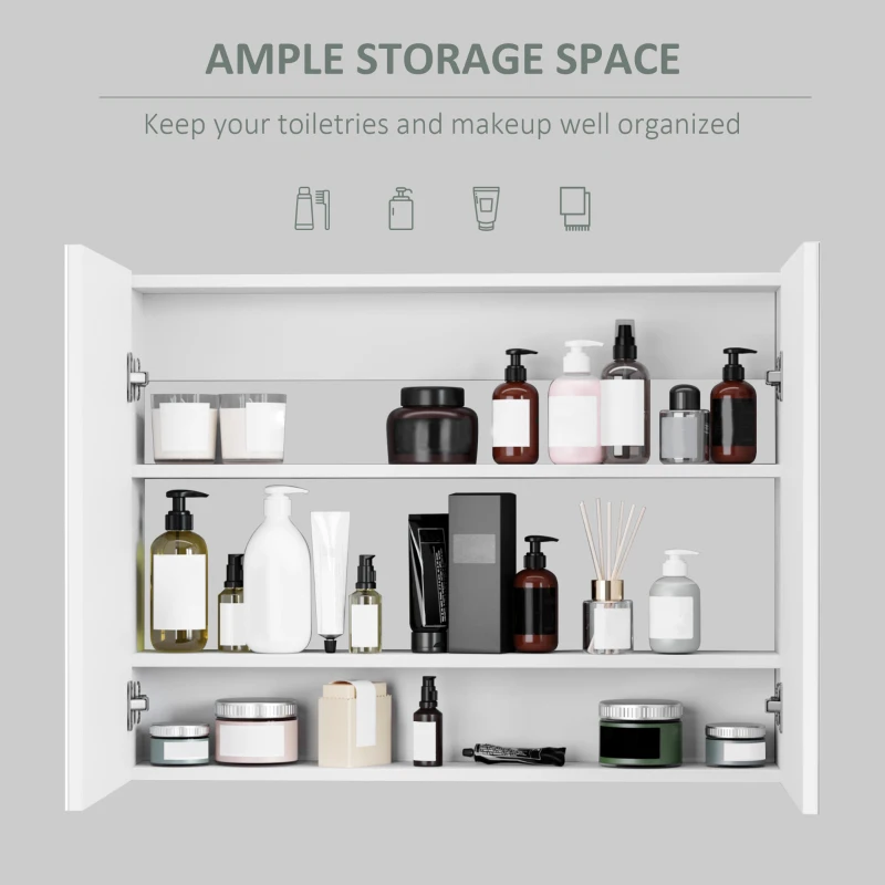 HOMCOM Bathroom Mirror Cabinet, Wall-Mounted Storage Organizer with Double Doors, Adjustable Shelf, Light Lilac